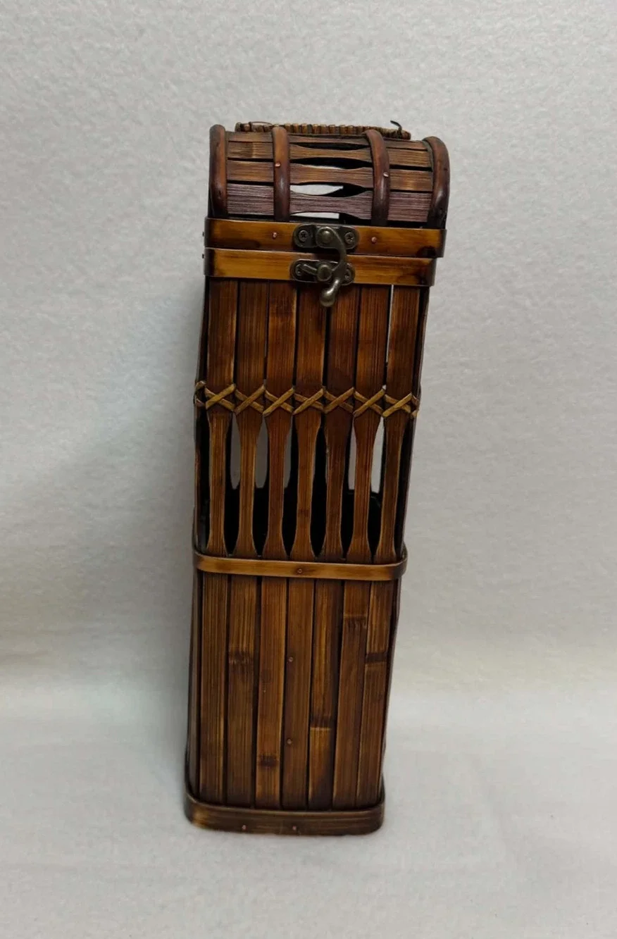 Bamboo Wooden Vintage Wine Liquor Bottle Carrier Handle Clasp Farmhouse Boho